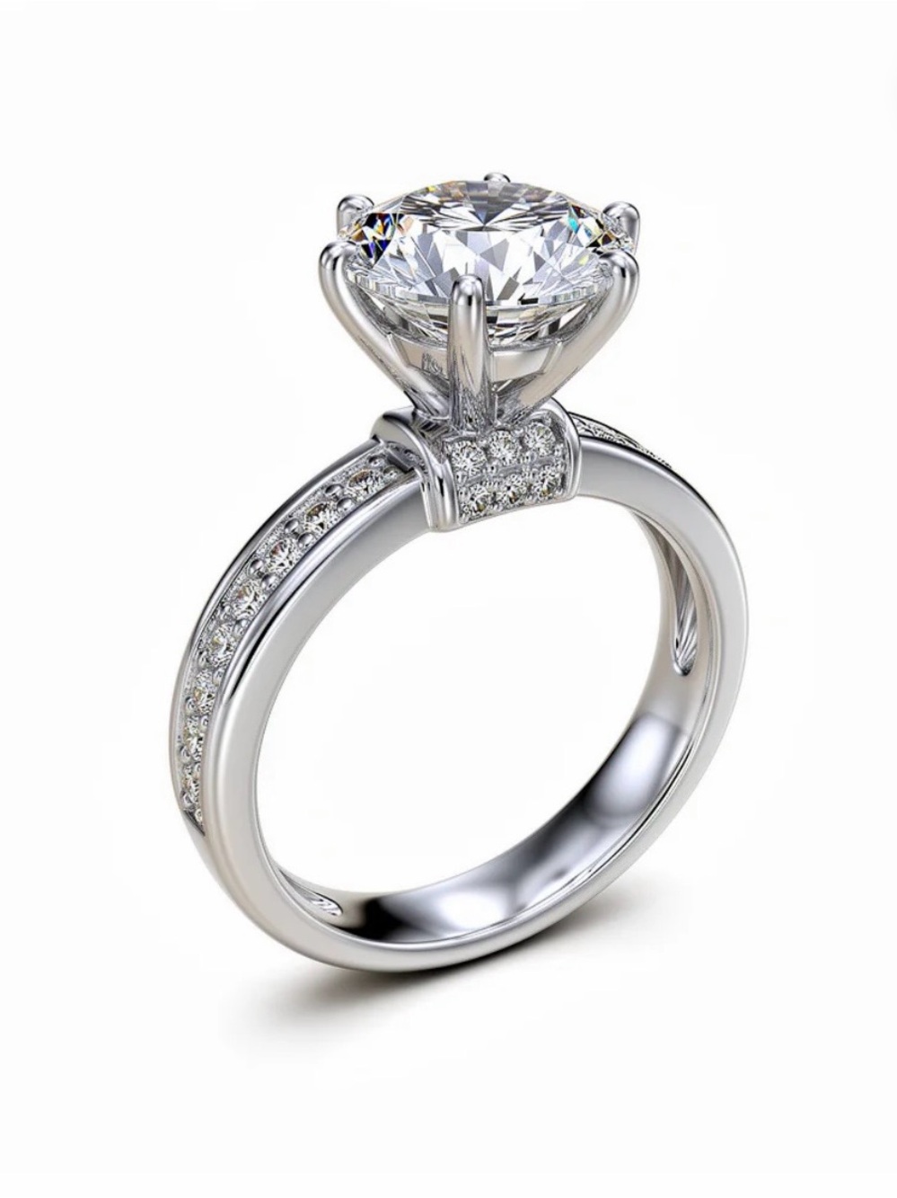 Classic Solitaire Halo Engagement Ring in Silver with 2 carat center stone.